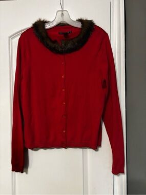 August Silk Red Silk Cardigan with Faux Fur Collar – XL